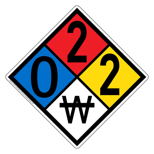 NFPA 704 Diamond Sign with 0-2-2-W Hazard Ratings