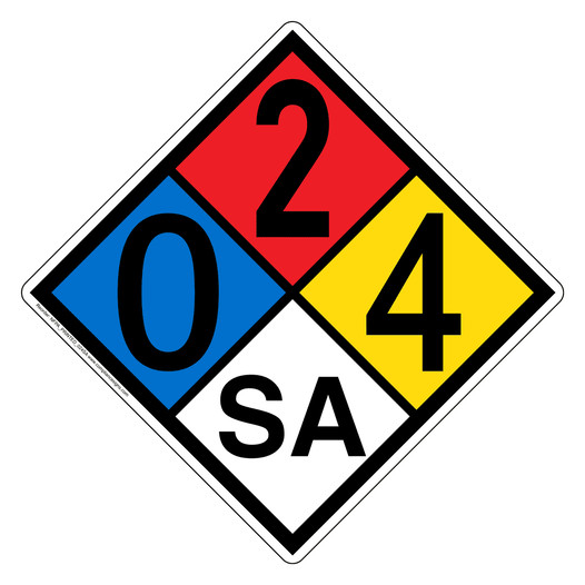 NFPA 704 Diamond Sign with 0-2-4-SA Hazard Ratings NFPA_PRINTED_024SA