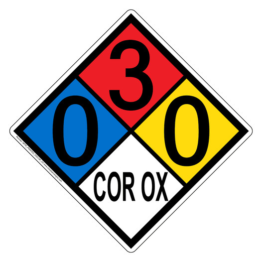 NFPA 704 Diamond Sign with 0-3-0-COR_OX Hazard Ratings NFPA_PRINTED_030COR_OX