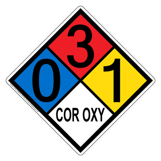 NFPA 704 Diamond Sign with 0-3-1-COR_OXY Hazard Ratings