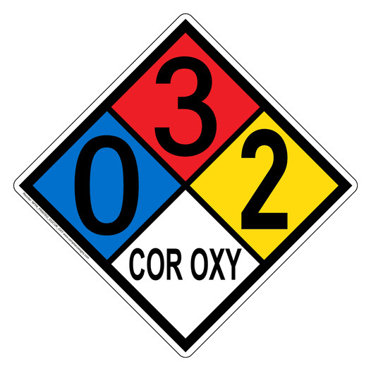 NFPA 704 Diamond Sign with 0-3-2-COR_OXY Hazard Ratings NFPA_PRINTED_032COR_OXY