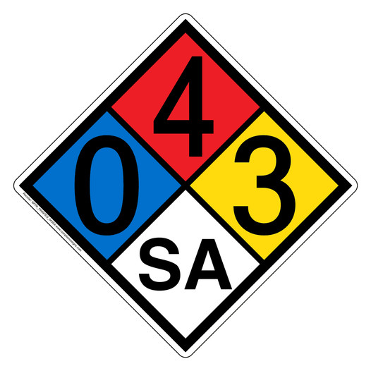 NFPA 704 Diamond Sign with 0-4-3-SA Hazard Ratings