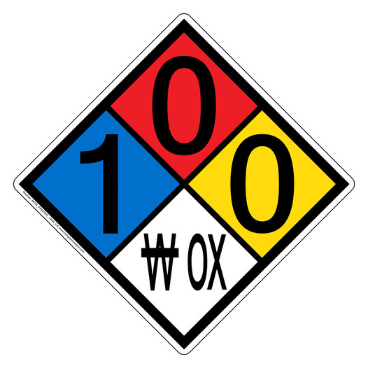 NFPA 704 Diamond Sign with 1-0-0-W OX Hazard Ratings