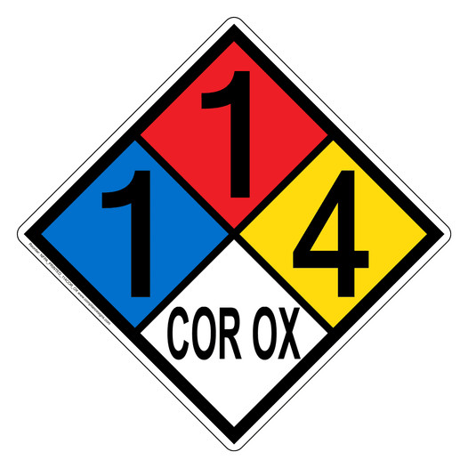 NFPA 704 Diamond Sign with 1-1-4-COR_OX Hazard Ratings NFPA_PRINTED_114COR_OX
