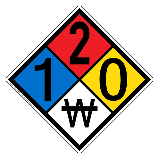 NFPA 704 Diamond Sign with 1-2-0-W Hazard Ratings