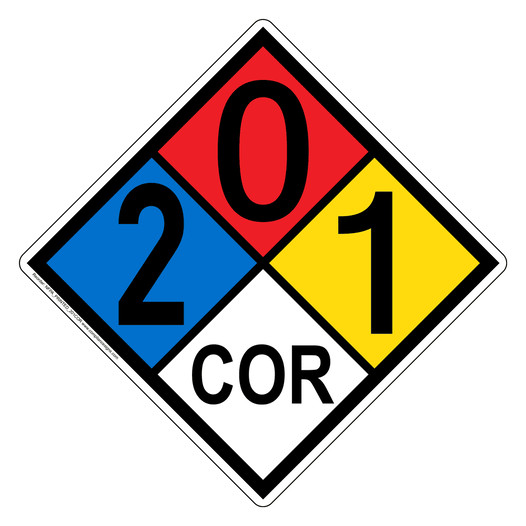 NFPA 704 Diamond Sign with 2-0-1-COR Hazard Ratings NFPA_PRINTED_201COR