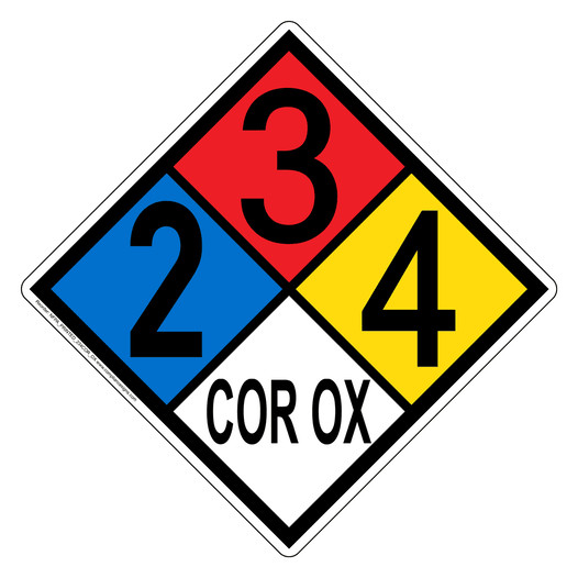 NFPA 704 Diamond Sign with 2-3-4-COR_OX Hazard Ratings NFPA_PRINTED_234COR_OX