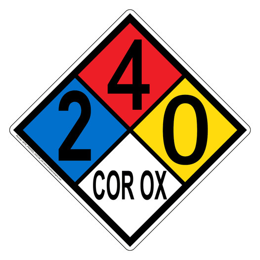 NFPA 704 Diamond Sign with 2-4-0-COR_OX Hazard Ratings NFPA_PRINTED_240COR_OX