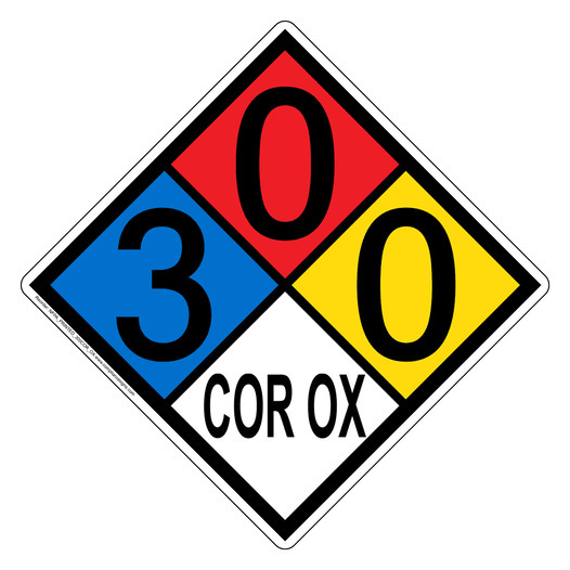 NFPA 704 Diamond Sign with 3-0-0-COR_OX Hazard Ratings NFPA_PRINTED_300COR_OX