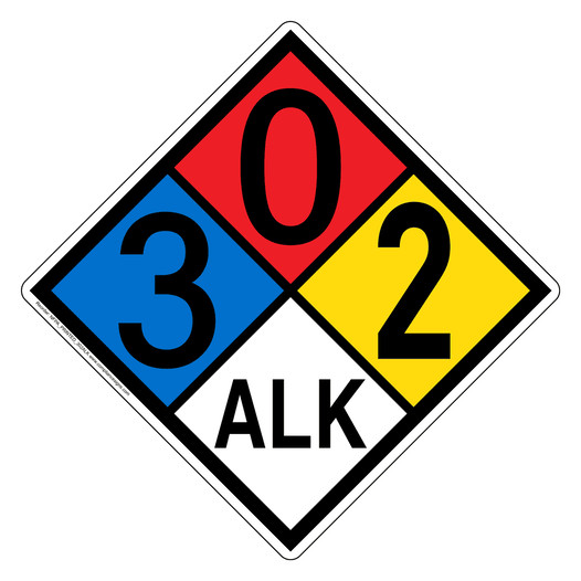 NFPA 704 Diamond Sign with 3-0-2-ALK Hazard Ratings NFPA_PRINTED_302ALK