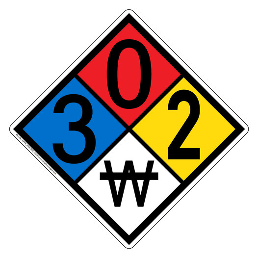 NFPA 704 Diamond Sign with 3-0-2-W Hazard Ratings NFPA_PRINTED_302W