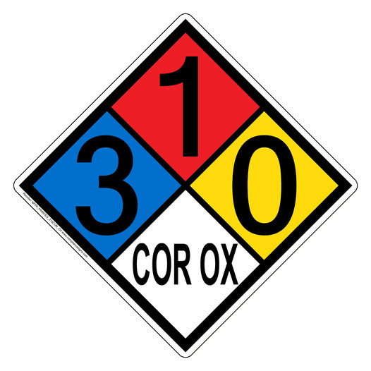 NFPA 704 Diamond Sign with 3-1-0-COR_OX Hazard Ratings NFPA_PRINTED_310COR_OX