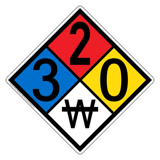 NFPA 704 Diamond Sign with 3-2-0-W Hazard Ratings