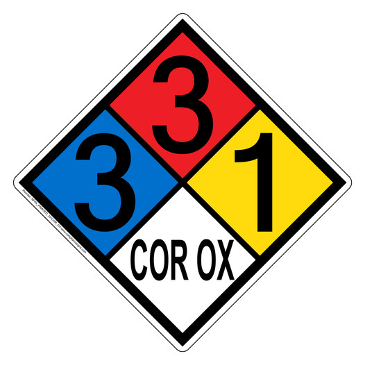 NFPA 704 Diamond Sign with 3-3-1-COR_OX Hazard Ratings