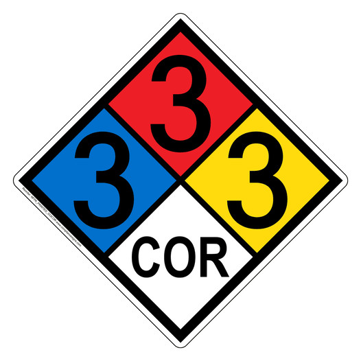 NFPA 704 Diamond Sign with 3-3-3-COR Hazard Ratings