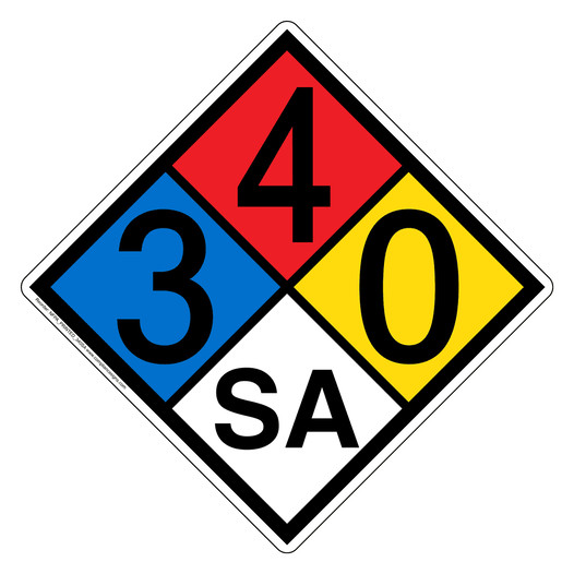 NFPA 704 Diamond Sign with 3-4-0-SA Hazard Ratings NFPA_PRINTED_340SA