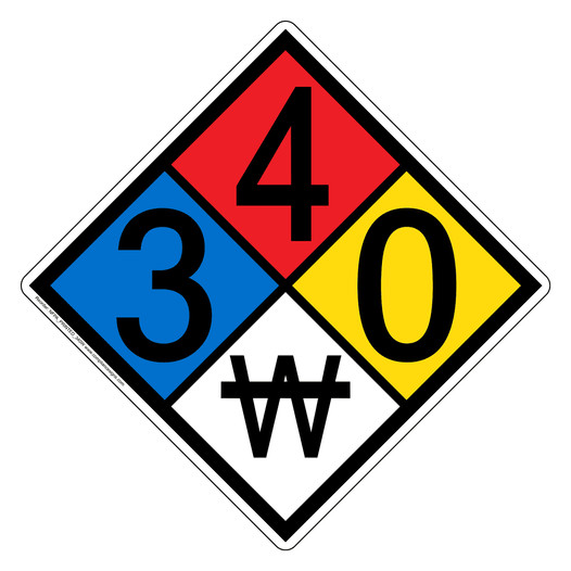 NFPA 704 Diamond Sign with 3-4-0-W Hazard Ratings