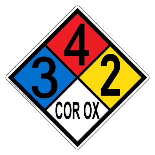 NFPA 704 Diamond Sign with 3-4-2-COR_OX Hazard Ratings NFPA_PRINTED_342COR_OX