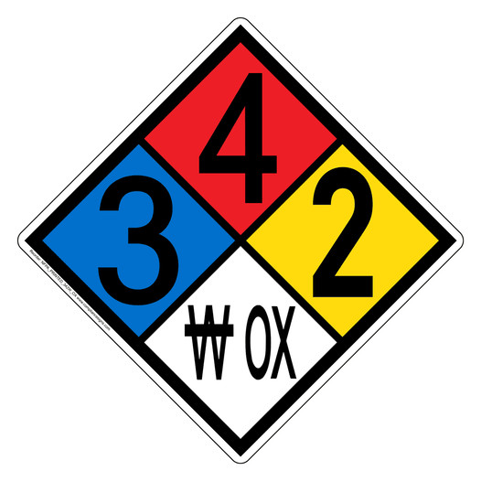 NFPA 704 Diamond Sign with 3-4-2-W OX Hazard Ratings NFPA_PRINTED_342W_OX