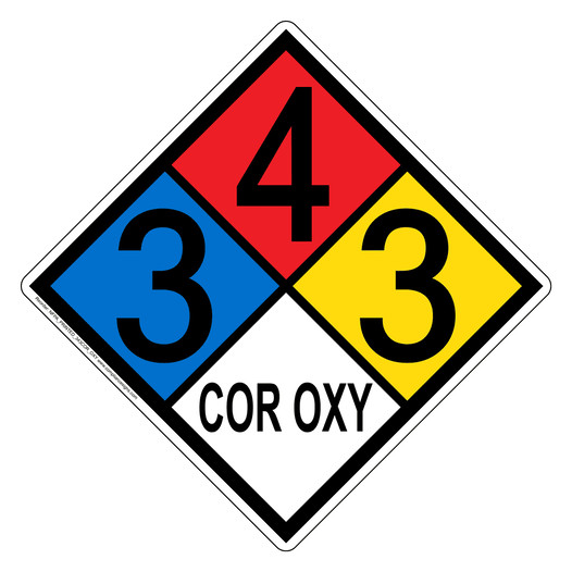 NFPA 704 Diamond Sign with 3-4-3-COR_OXY Hazard Ratings