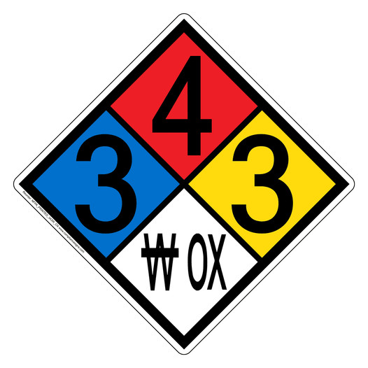 NFPA 704 Diamond Sign with 3-4-3-W OX Hazard Ratings NFPA_PRINTED_343W_OX