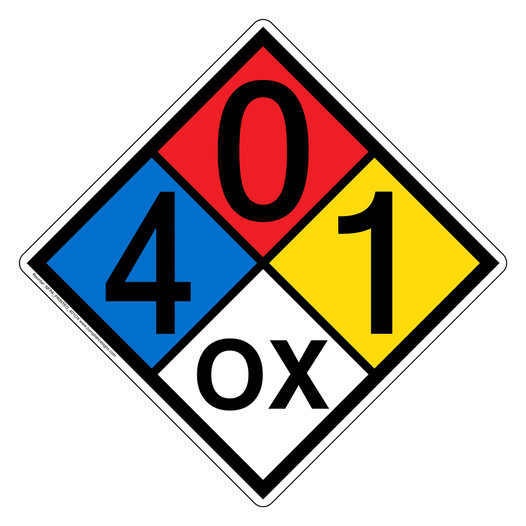 NFPA 704 Diamond Sign with 4-0-1-OX Hazard Ratings NFPA_PRINTED_401OX