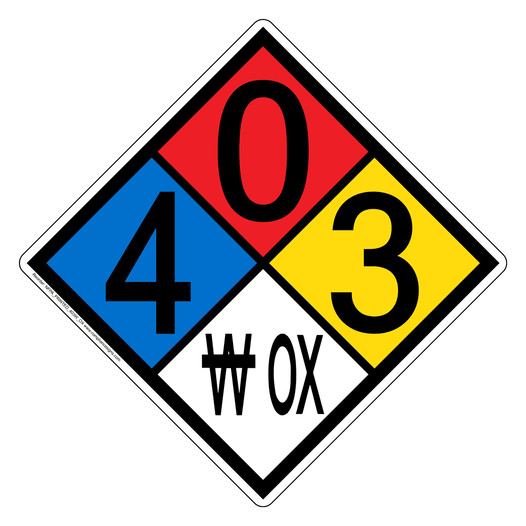 NFPA 704 Diamond Sign with 4-0-3-W OX Hazard Ratings NFPA_PRINTED_403W_OX