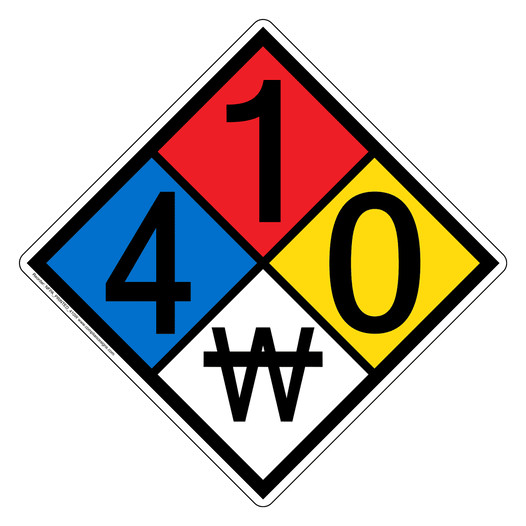 NFPA 704 Diamond Sign with 4-1-0-W Hazard Ratings NFPA_PRINTED_410W