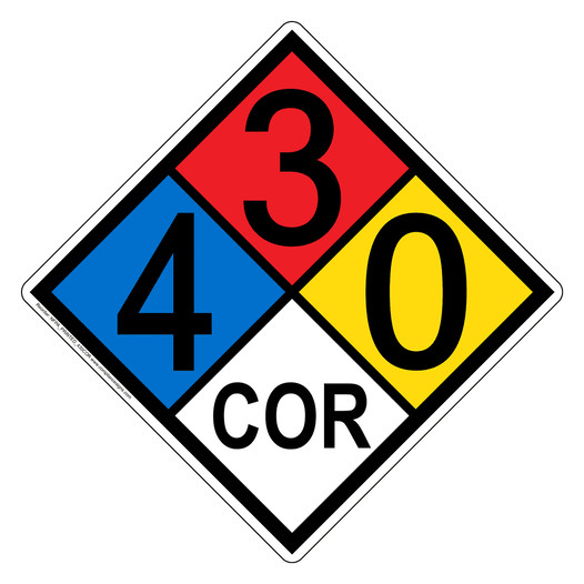 NFPA 704 Diamond Sign with 4-3-0-COR Hazard Ratings NFPA_PRINTED_430COR