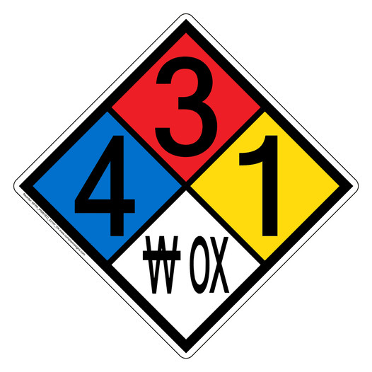 NFPA 704 Diamond Sign with 4-3-1-W OX Hazard Ratings NFPA_PRINTED_431W_OX