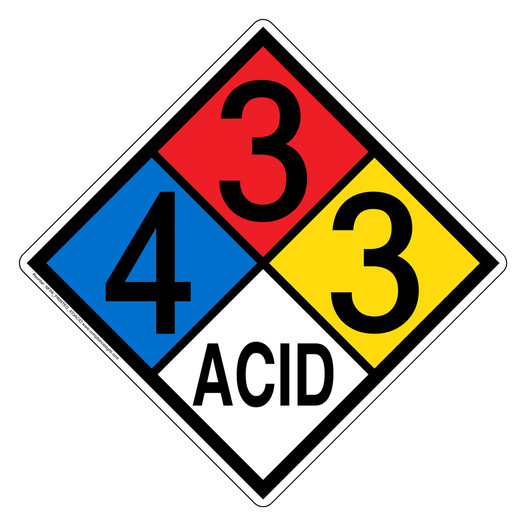 NFPA 704 Diamond Sign with 4-3-3-ACID Hazard Ratings