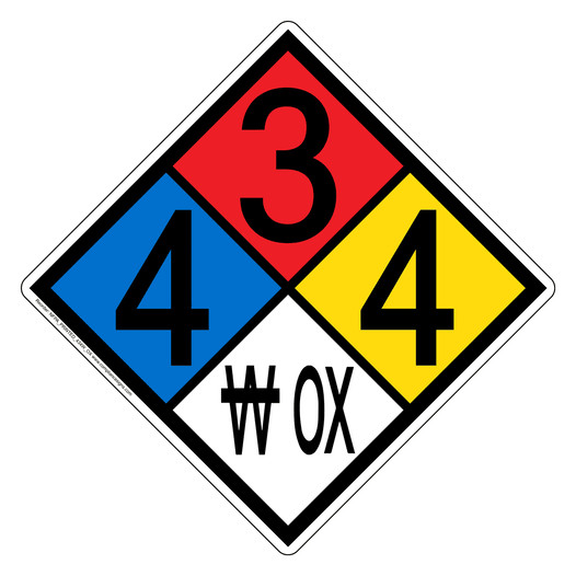NFPA 704 Diamond Sign with 4-3-4-W OX Hazard Ratings NFPA_PRINTED_434W_OX