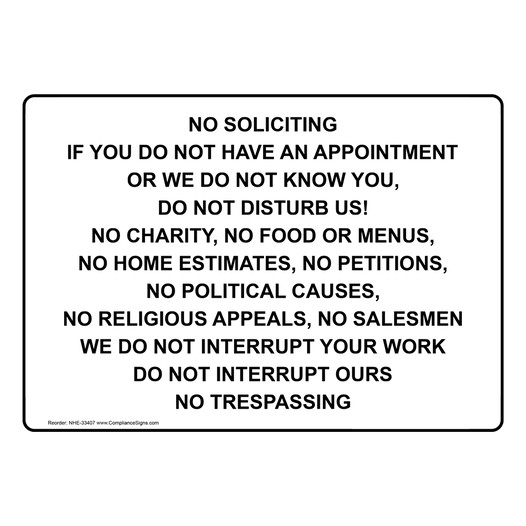 No Soliciting If You Do Not Have An Appointment Sign NHE-33407