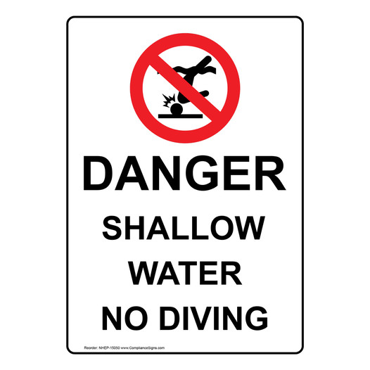Portrait Danger Shallow Water No Diving Sign With Symbol NHEP-15050
