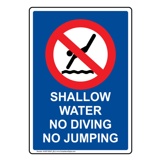 Portrait Blue SHALLOW WATER NO DIVING Sign with Symbol NHEP-50547_BLU