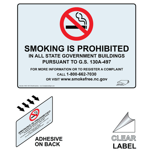 North Carolina Smoking Prohibited State Buildings Clear Label NHE-10513-NorthCarolina