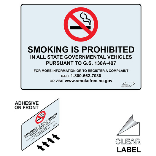 North Carolina Smoking Prohibited Vehicles Label With Front Adhesive NHE-10517-NorthCarolina-Reverse