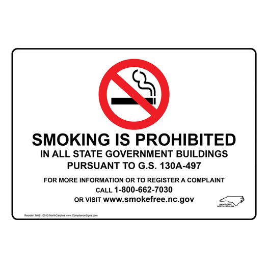 North Carolina Smoking Prohibited In All State Buildings Sign NHE-10512-NorthCarolina