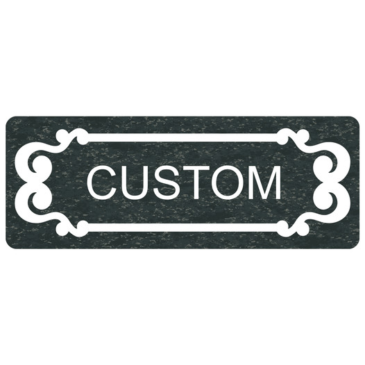 White-on-Charcoal Marble Custom Engraved Sign With Scroll Outline EGRE-CUSTOM-M7_White_on_CharcoalMarble
