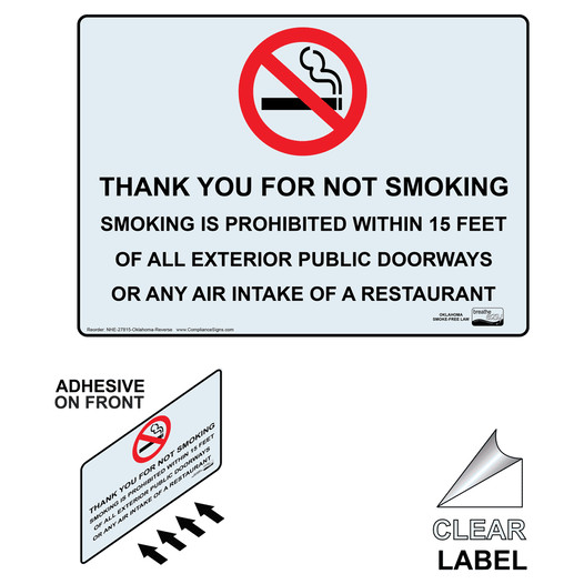 Oklahoma NO SMOKING 15 FEET OF DOOR OR AIR INTAKE Label With Front Adhesive NHE-27815-Oklahoma-Reverse