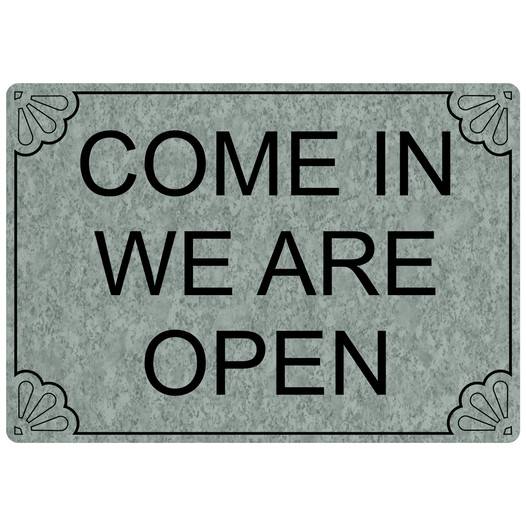 Platinum Marble Engraved COME IN WE ARE OPEN Sign EGRE-17951_Black_on_PlatinumMarble