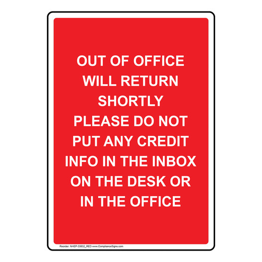 Portrait Out Of Office Will Return Shortly Sign NHEP-33832_RED