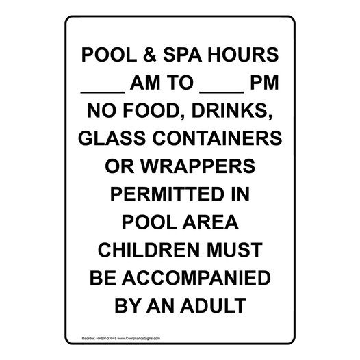 Portrait Pool & Spa Hours ____ Am To ____ Pm Sign NHEP-33848