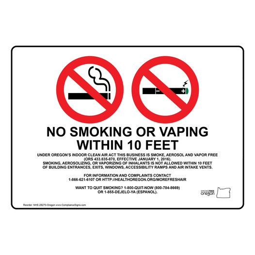 Oregon NO SMOKING WITHIN 10 FT OREGON AIR ACT Sign NHE-28270-Oregon