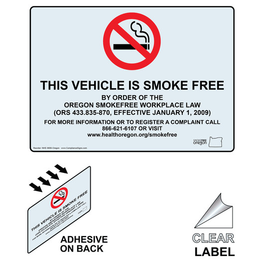 Oregon This Vehicle Is Smoke Free Clear Label NHE-9666-Oregon