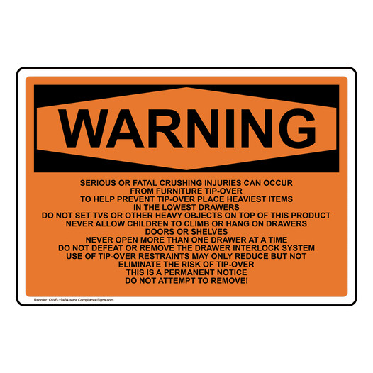 OSHA WARNING Tip-Over Hazard Do Not Attempt To Remove Sign OWE-19434