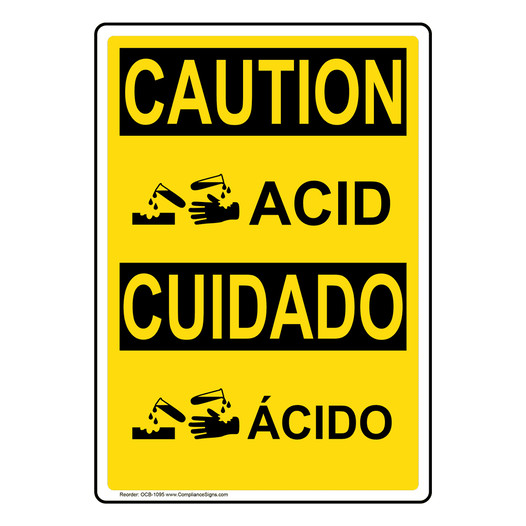 English + Spanish OSHA CAUTION Acid Sign With Symbol OCB-1095