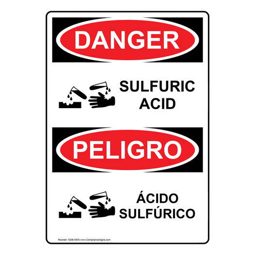 English + Spanish OSHA DANGER Sulfuric Acid With Symbol Sign With Symbol ODB-5935