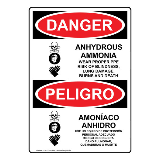English + Spanish OSHA DANGER Anhydrous Ammonia Wear PPE Sign With Symbol ODB-1270-R