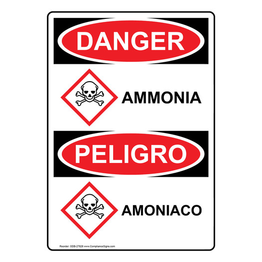 English + Spanish OSHA DANGER Ammonia Sign With GHS Symbol ODB-27828